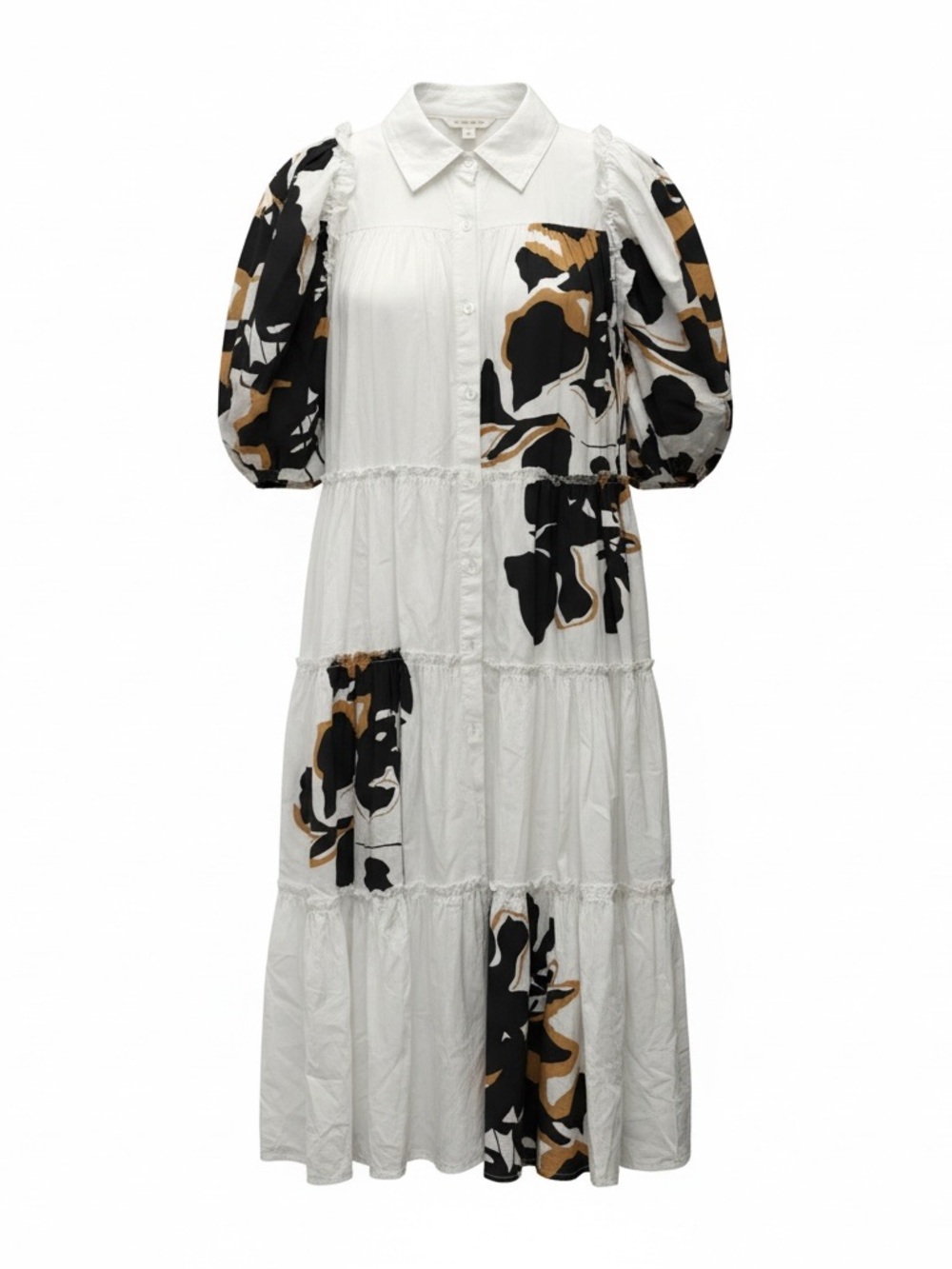 White Tiered Shirt Dress with Black and Tan Floral Panels, Lined Summer, Cotton